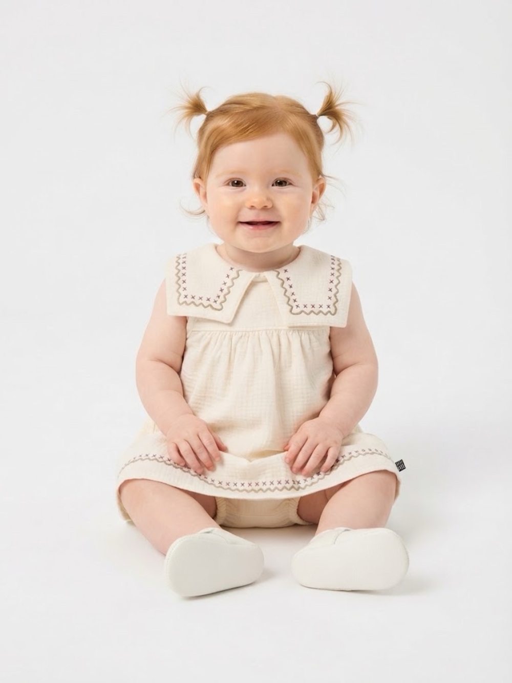 Cream Baby Girl Novelty Embroidered Collar Dress and Diaper Cover, 2-Piece
